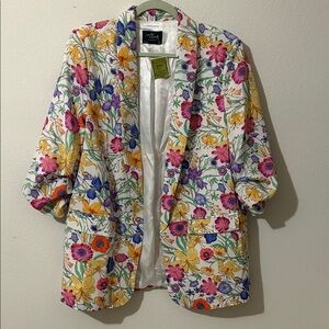 NWT Milk & Honey XL Floral Blazer ruche 3/4 Sleeves Garden Tea Party Design